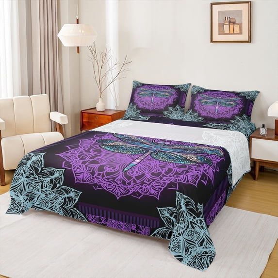Manfei Hippie Dragonfly Print Bed Sheets, Vintage Wester Damask King Sheets, Mandala Flower Floral Sheet Set, Luxury Bedroom Decor, 4 Pieces