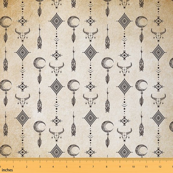 Manfei Hippie Dreamcatcher Aztec Fabric by the Yard (1 Yard), Rustic Cow Skull Decorative Fabric by the Yard, Tribal Geometric Sewing & Crafting Fabric, Stylish Living Room Decor