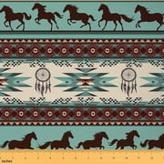 Manfei Hippie Dreamcatcher Fabric by the Yard 3 Yards, Boho Galloping Horse Decorative Fabric by the Yard, Bohemian Aztec DIY Fabric, Teal Beige