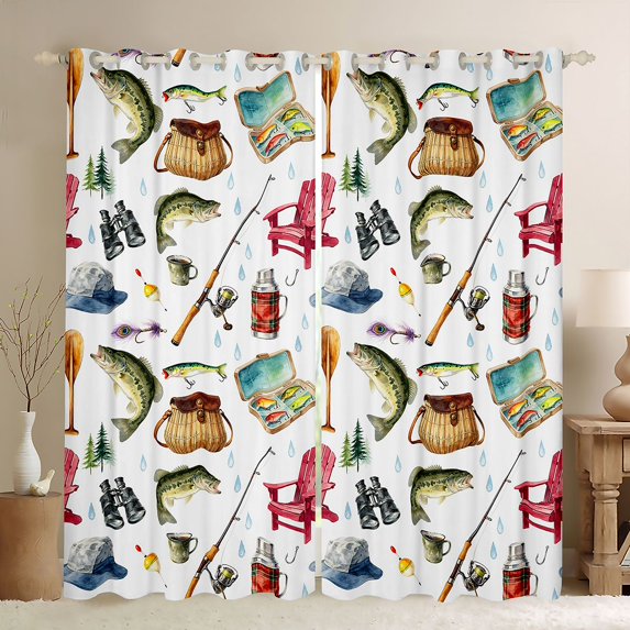 Manfei Hippie Fishing Gear Blackout Curtains Set of 2 (38x54 Each), Outdoor Adventure Living Room Curtains, White