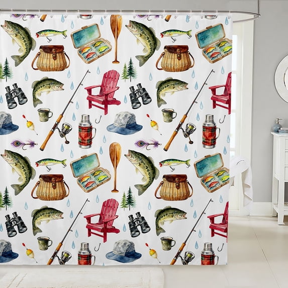 Manfei Hippie Fishing Gear Shower Curtain 72Wx84L, Outdoor Adventure Bathroom Shower Curtain, White