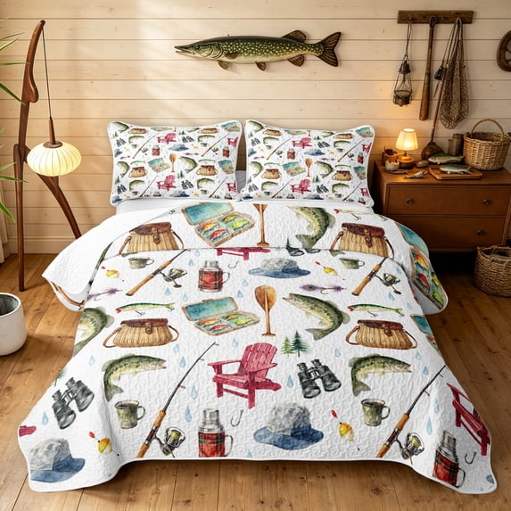 Manfei Hippie Fishing Gear Twin Quilt Set, Outdoor Adventure Twin Coverlet Set, White, 2 Pieces, 1 Bedspread and 1 Pillowcase