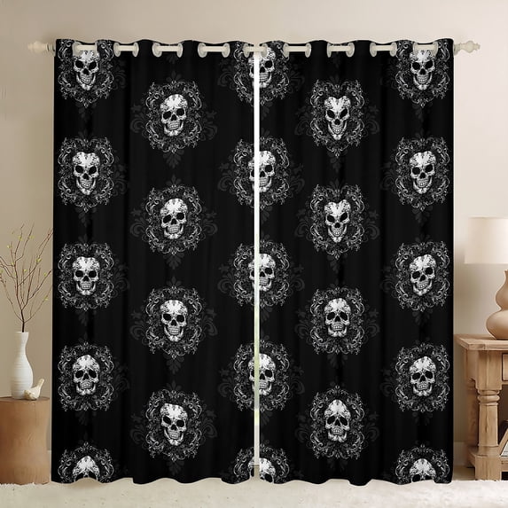 Manfei Hippie Floral Damask Black Out Curtains for Teens Adults,Gothic Skull Curtains Pack of 2 (42x63 Each),Black White Bedroom Curtains,Breathable Home Decor