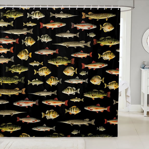 Manfei Hippie Freshwater Fish Shower Curtain 72Wx78L, Wildlife Bath Curtain, Black