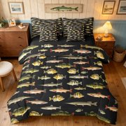 Manfei Hippie Freshwater Fish Twin Bedding, Wildlife Bedding Comforter Set, Black, Black Reversible, 7 Pieces