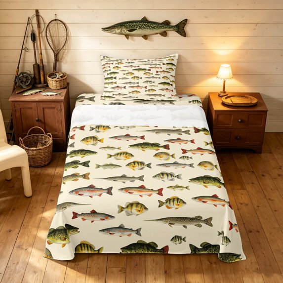 Manfei Hippie Freshwater Fish Twin Sheets, Wildlife Bedding, Cream, 3pcs, 1 Flat Sheet, 1 Fitted Sheet and 1 Pillowcase