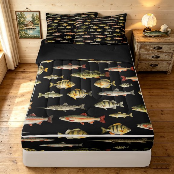 Manfei Hippie Freshwater Fish Zipper Twin Comforter Sets with Fitted Sheet and 2 Pillowcases, Wildlife Zipper Bedding Set, Black, Black Reversible, 4 Pieces