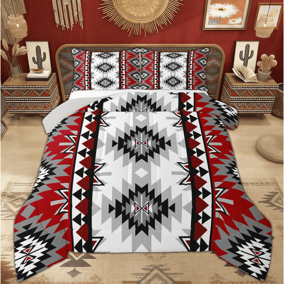 Manfei Hippie Geometric Aztec Queen Comforter Set, Tribal Western Bohemian Bedding Sets, Mandala Theme Reversible Bedding Comforter Set, Breathable Home Decor, 3 Pieces