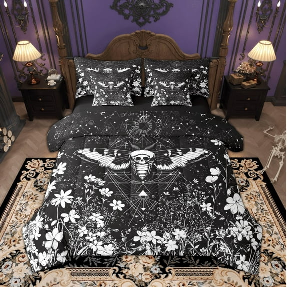 Manfei Hippie Gothic Moth Bedding Comforter Set, Colorful Flower Queen Bedding Sets, Boho Halloween Wildlife Queen Sheet Sets, Black White Lightweight Room Decor Reversible 7 Pieces