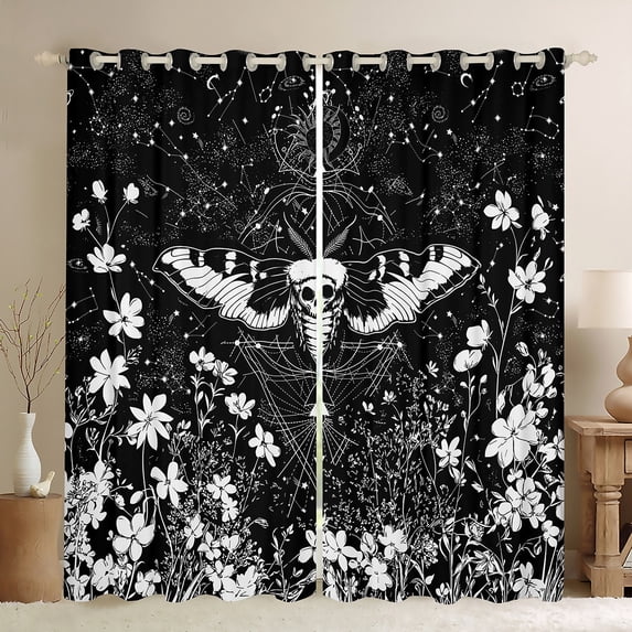 Manfei Hippie Gothic Moth Curtains Pack of 2 (42x84 Each), Colorful Flower Curtains Blackout, Boho Halloween Wildlife Bedroom Curtains, Black White Luxurious Room Decor