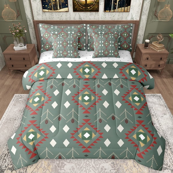 Manfei Hippie Green Aztec Bedding Comforter Set 7pcs, Western Old Fashion Queen Bedding Sets, Teens Adult Women Men Reversible Queen Sheet Sets, Breathable Home Decor