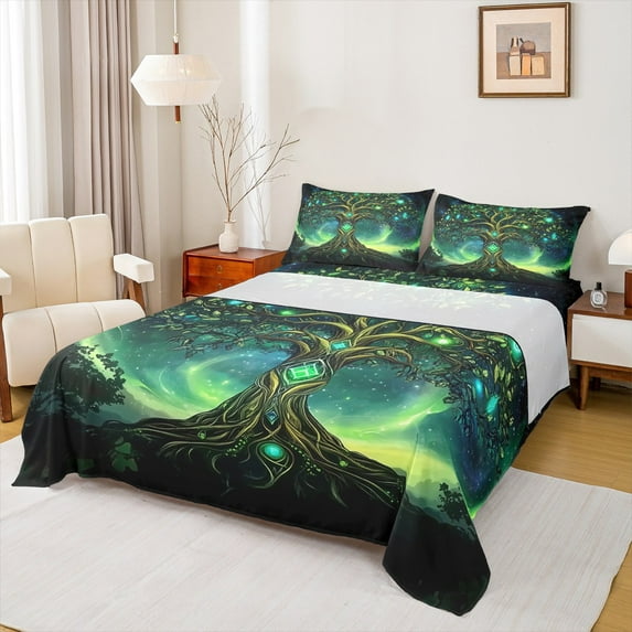 Manfei Hippie Life Tree Queen Sheet Sets for Kids, Vintage Bohemian Botanical Flat Sheet, Tribal Damask Print Queen Fitted Sheet, Breathable Home Decor, 4pcs