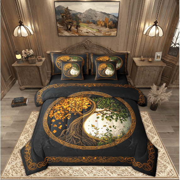 Manfei Hippie Life Tree Twin Bedding Sets 7-Piece for Kids, Vintage Bohemian Botanical Bedding Comforter Set, Tribal Damask Print Reversible Sheet Sets, Luxury Bedroom Decor