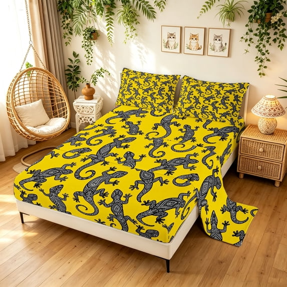Manfei Hippie Lizard Queen Sheets, Boho Cartoon Animal Queen Sheet Sets, Yellow Brown, 4-Piece, 1 Flat Sheet, 1 Fitted Sheet and 2 Pillowcases