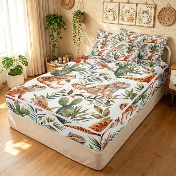 Manfei Hippie Lizard Zipper Queen Comforter Set with Fitted Sheet and 2 Pillowcases, Bohemian Western Cactus Zipper Bedding Set, White Tan, Reversible, 4 Pieces