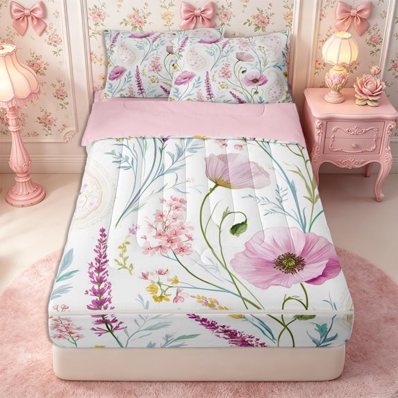 Manfei Hippie Paisley Floral Zipper Twin Comforter Sets with Fitted Sheet and 2 Pillowcases,Bohemian Botanical Zipper Bedding Set,Reversible
