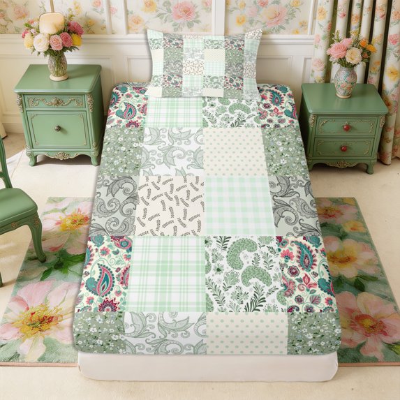 Manfei Hippie Paisley Twin Fitted Sheet 2 Pieces,Minimalist Stripes Checkered Bedding,1 Fitted Sheet and 1 Pillowcase