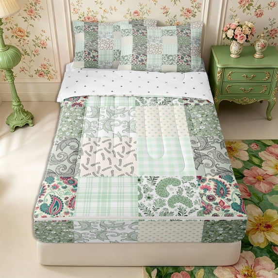 Manfei Hippie Paisley Zipper Twin Comforter Sets with Fitted Sheet and 2 Pillowcases,Minimalist Stripes Checkered Zipper Bedding Set,Reversible