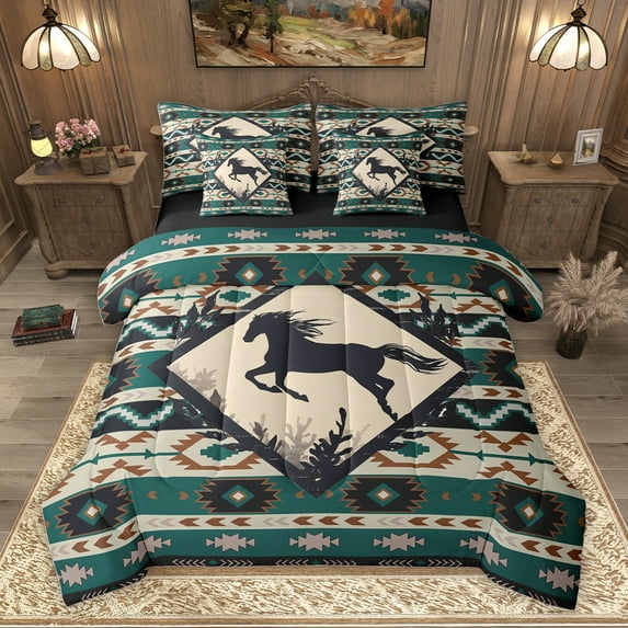 Homewish Hippie Racing Horse Bedding Comforter Set 7 Pieces, Western Hippie Aztec Full Bedding Set, Countryside Animal Reversible Fitted Sheet Flat Sheet, Super Cozy Room Decor