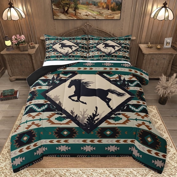 Homewish Hippie Racing Horse Bedding Comforter Set, Western Hippie Aztec Twin Comforter Sets, Countryside Animal Reversible Bedding Set, Super Cozy Room Decor, 2-Piece