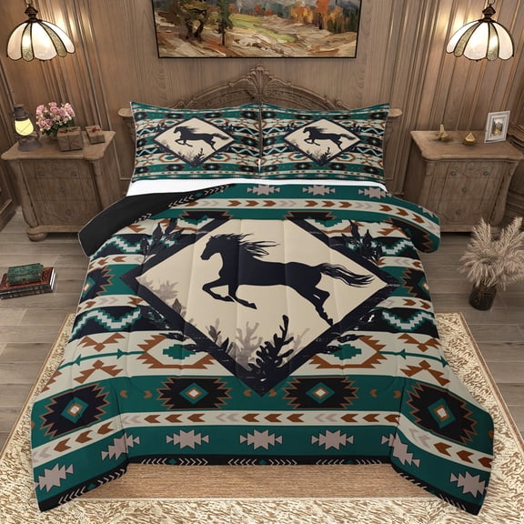 Homewish Hippie Racing Horse Queen Comforter Set, Western Hippie Aztec Bedding Sets, Countryside Animal Reversible Bedding Comforter Set, Super Cozy Room Decor, 3-Piece