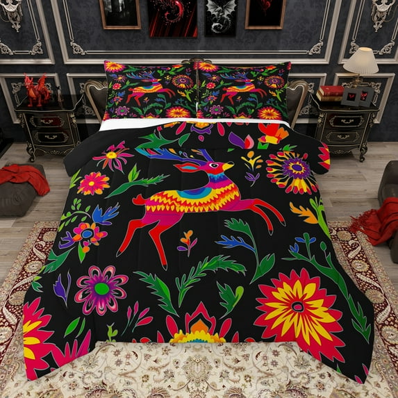 Manfei Hippie Reindeer Animal Bedding Comforter Set for Teens, Mandala Flower Botanical Twin Comforter Sets, Countryside Reversible Bedding Set, Lightweight Room Decor, 2pcs