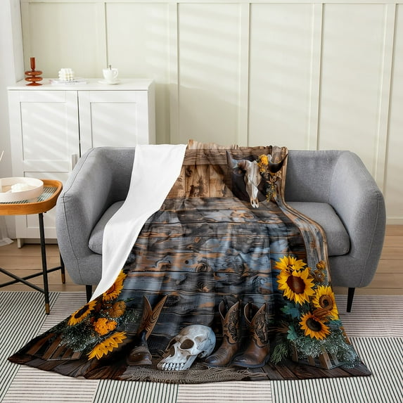 Manfei Hippie Sheep Skeleton Throw Blanket for Couch, Western Cowboy Cowgirl Plush Blanket, Old Barn Door Sherpa Blanket, Ultra Soft Bedroom Decor