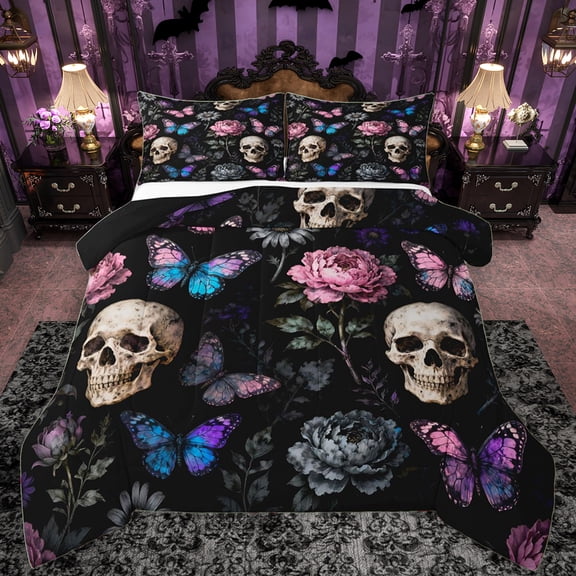 Manfei Hippie Skeleton Skull Queen Comforter Set, Mystic Blue Butterfly Bedding Sets, Bohemian Western Floral Reversible Bedding Comforter Set, Luxury Bedroom Decor, 3pcs