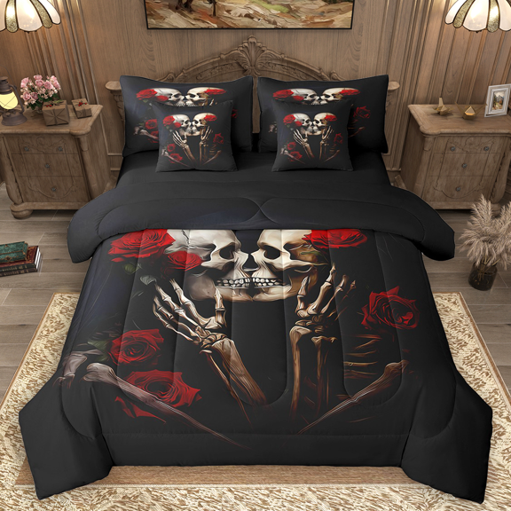 Manfei Hippie Skull Skeleton Bedding Comforter Set 7 Pieces, Romantic Halloween Couple Queen Bedding Sets, Red Rose Floral Queen Sheet Sets, Ultra Soft Home Decor