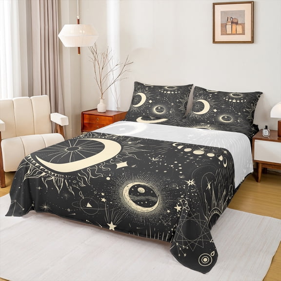 Manfei Hippie Starry Sky Bed Sheets for Kids, Mystic Stars Moon King Sheets, Hippie Geometric Sheet Set, Ultra Soft Home Decor, 4pcs