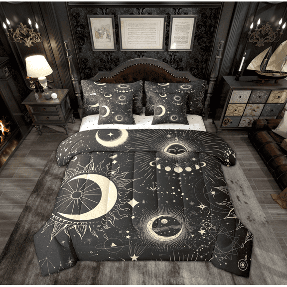 Manfei Hippie Starry Sky Bedding Comforter Set 7pcs for Kids, Mystic Stars Moon Queen Bedding Sets, Hippie Geometric Queen Sheet Sets, Ultra Soft Home Decor