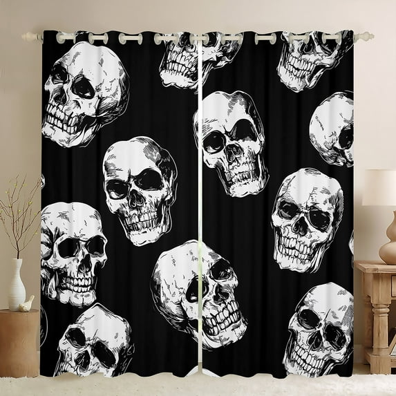 Manfei Hippie Sugar Skull Black Out Curtains, Gothic Skeleton Curtains Pack of 2 (42x63 Each), Happy Halloween Bedroom Curtains, Luxury Room Decor