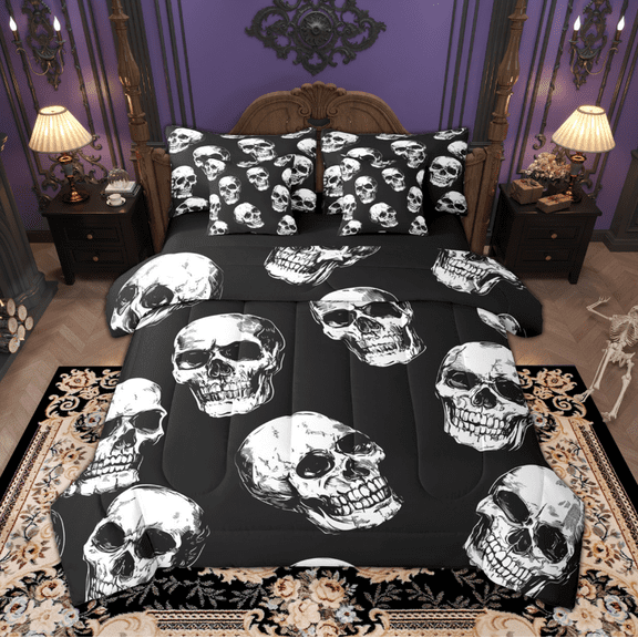 Manfei Hippie Sugar Skull Twin Bedding Sets 7pcs, Gothic Skeleton Bedding Comforter Set, Happy Halloween Sheet Sets, Lightweight Room Decor