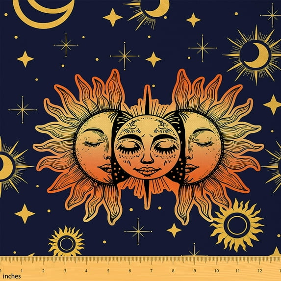 Manfei Hippie Sun Moon Fabric by the Yard (5 Yards), Outer Space Starry Night Decorative Fabric by the Yard, Trippy Universe Sewing & Crafting Fabric