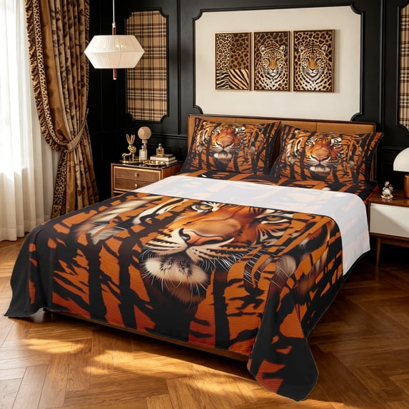 Manfei Hippie Tiger Queen Sheets, Vintage Animal Print Queen Sheet Sets, Dark Brown Orange, 4-Piece, 1 Flat Sheet, 1 Fitted Sheet and 2 Pillowcases