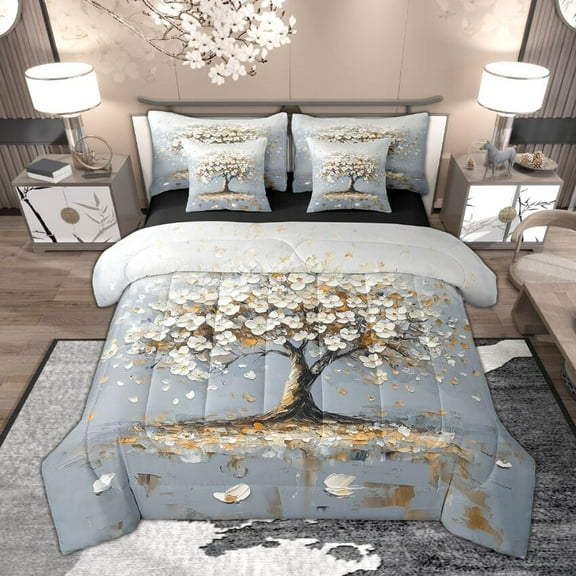 Manfei Hippie Tree of Life Twin Bedding Sets 7-Piece, Aesthetic Oil Painting Bedding Comforter Set, White Floral Flower Sheet Sets, Ultra Soft Room Decor