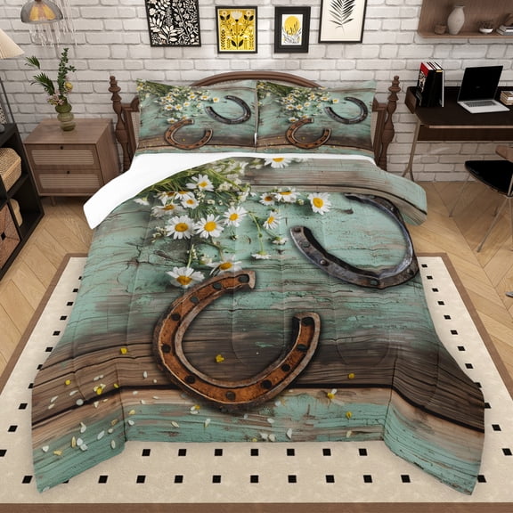 Manfei Hippie Western Horseshoe Queen Comforter Set, Vibrant Groovy Flower Bedding Sets, Rustic Farmhouse Reversible Bedding Comforter Set, Luxury Bedroom Decor, 3pcs