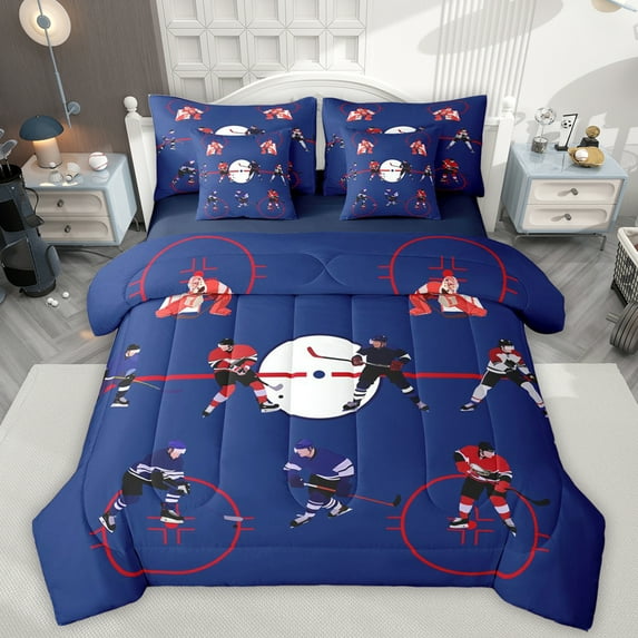 Manfei Hockey Ball Game 7-Piece Bedding Comforter Set,Sport Gamer King Bedding Sets,Red Blue Bed Sheets For Boys Teens,Super Cozy Room Decor Reversible