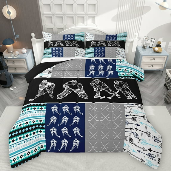 Manfei Hockey Ball Gamer Queen Comforter Set,Sport Theme Bedding Sets,Patchwork Geometric Checkered Bedding Comforter Set For Teens,Super Cozy Room Decor Reversible,3pcs