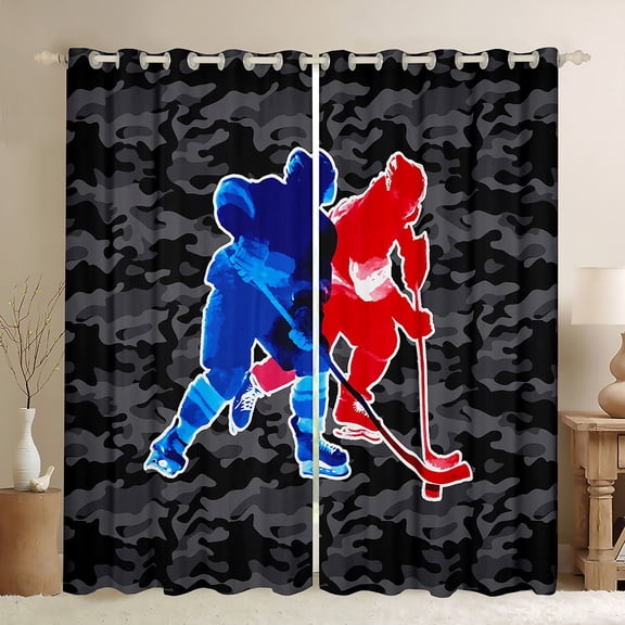 Manfei Hockey Player Blackout Curtains,Camo Army Curtains Pack of 2 (38x45 Each),Red Blue Gray Window Curtains For Children,Microfiber Bedroom Decor