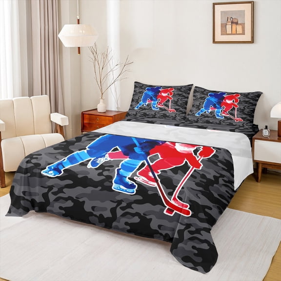 Manfei Hockey Player Full Size Sheets,Camo Army Bed Sheets,Red Blue Gray Sheet Sets For Children,Microfiber Bedroom Decor,4pcs