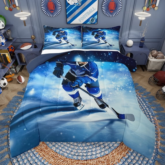 Manfei Hockey Sport Full Size Comforter Sets,Ball Game Gaming Bedding Comforter Set,White Blue Bedding Sets For Boys Teens,Ultra Soft Home Decor Reversible,3 Pieces