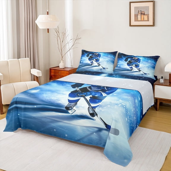 Manfei Hockey Sport Full Size Sheets,Ball Game Gaming Bed Sheets,White Blue Sheet Sets For Boys Teens,Ultra Soft Home Decor,4 Pieces
