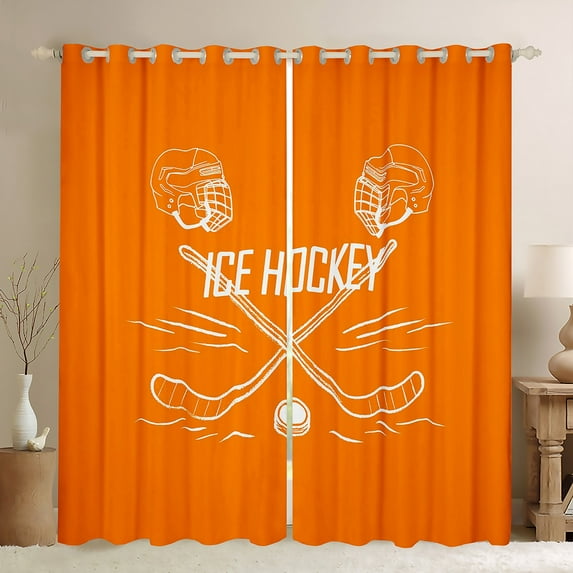 Manfei Hockey Sport Lovers Blackout Curtains Set of 2 (52x84 Each),Boys Ball Game Window Curtains,Orange White Curtains and Drapes For Men Women,Breathable Home Decor