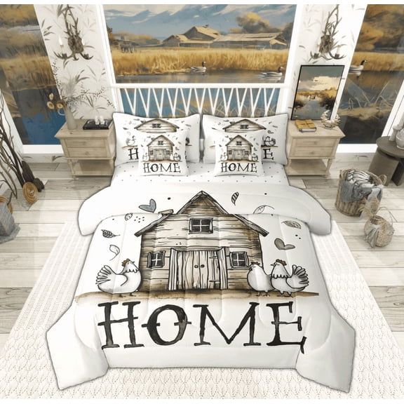 Manfei Home Wooden House Bedding Comforter Set 7-Piece, Cartoon Farmhouse Rooster King Bedding Sets, Rustic Animal Reversible Bed Sheets, Luxury Bedroom Decor