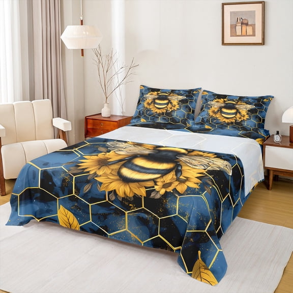 Manfei Honey Bee Bed Sheets 4pcs, Gold Honeycomb King Sheets, Navy Blue Ombre Sheet Set, Super Cozy Room Decor