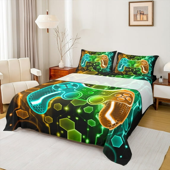 Manfei Honeycomb Game Console Bed Sheets for Kid, Glitter Stars Print King Sheets, Futuristic Geometric Sheet Set, Ultra Soft Home Decor, 4pcs