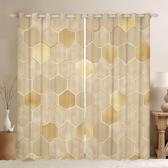 Manfei Honeycomb Hexagon Blackout Curtains Set of 2 (52x84 Each), Metallic Curtain, Beige Gold