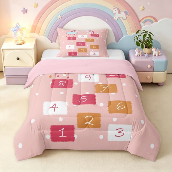 Manfei Hopscotch Number Twin Comforter Sets, Rainbow Cloud Bedding Set, Pink, Pink Reversible, 2 Pieces, 1 Comforter and 1 Pillowcase