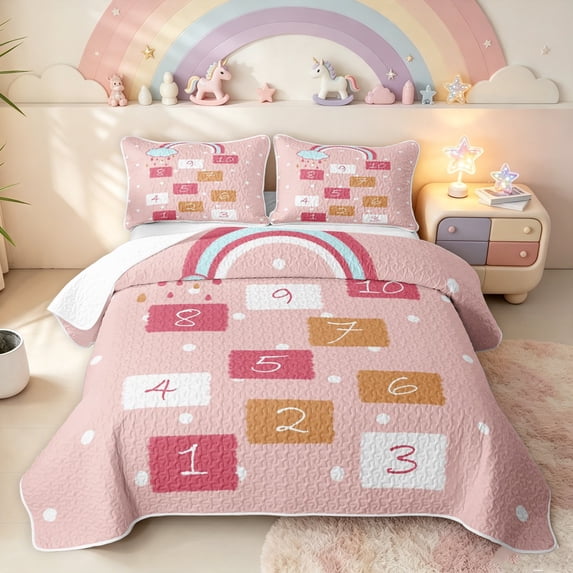 Manfei Hopscotch Number Twin Quilt Set, Rainbow Cloud Twin Coverlet Set, Pink, 2 Pieces, 1 Bedspread and 1 Pillowcase